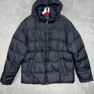 Land's End Down Puffer Jacket Women's Size M Black Detach Hood Quilted Bomber